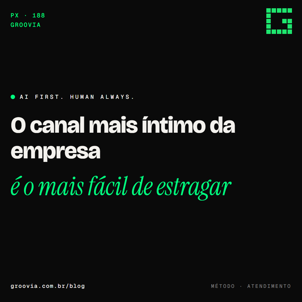 Capa do artigo "Agente de IA no WhatsApp da empresa: o que funciona e o que queima a marca" — O canal mais íntimo da empresa; é o mais fácil de estragar — Groovia, blog de estratégia e IA para lideranças