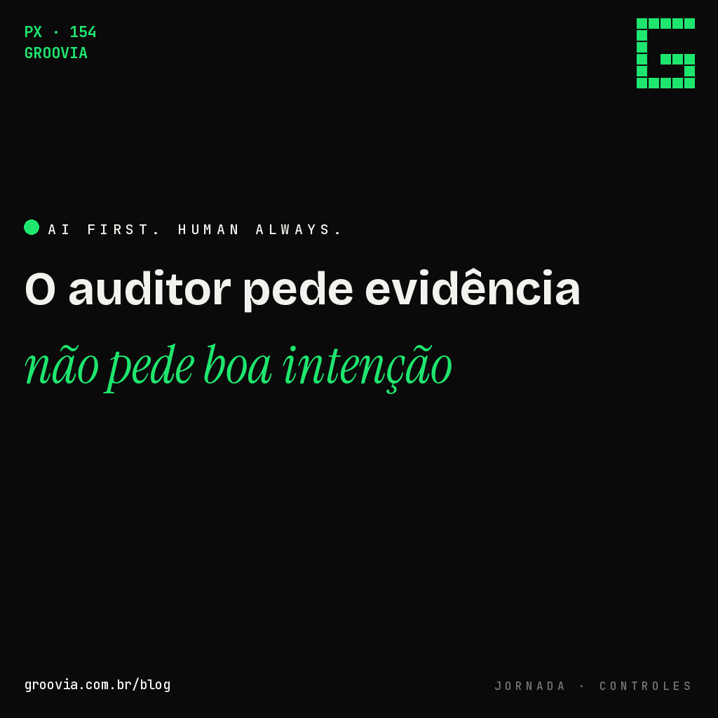 Capa do artigo "O auditor externo vai pedir evidência de controle sobre seus agentes de IA. Você tem?" — O auditor pede evidência, não pede boa intenção — Groovia, blog de estratégia e IA para lideranças