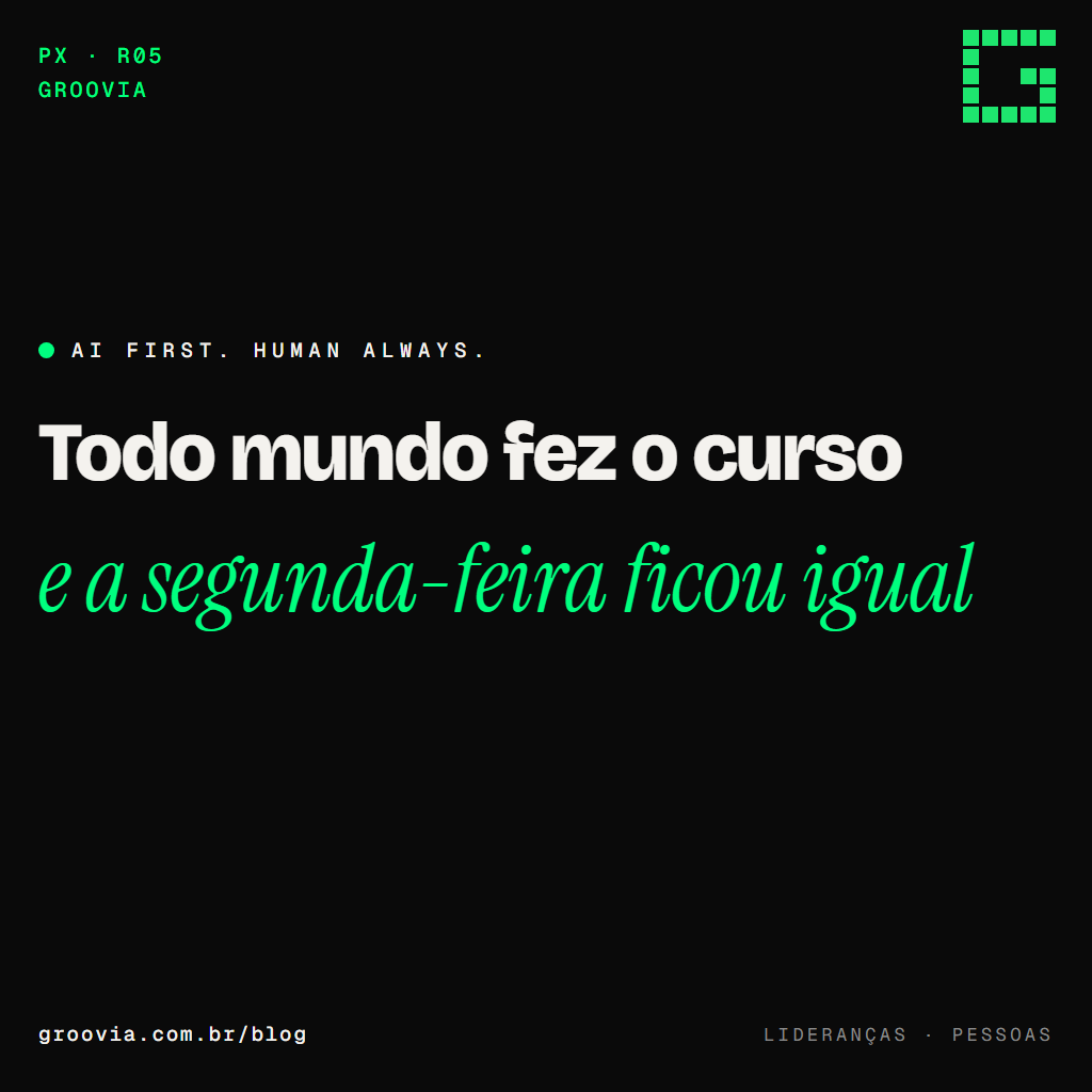 Capa do artigo "Os 6 caminhos de letramento interno em IA" — Todo mundo fez o curso; e a segunda-feira ficou igual — Groovia, blog de estratégia e IA para lideranças