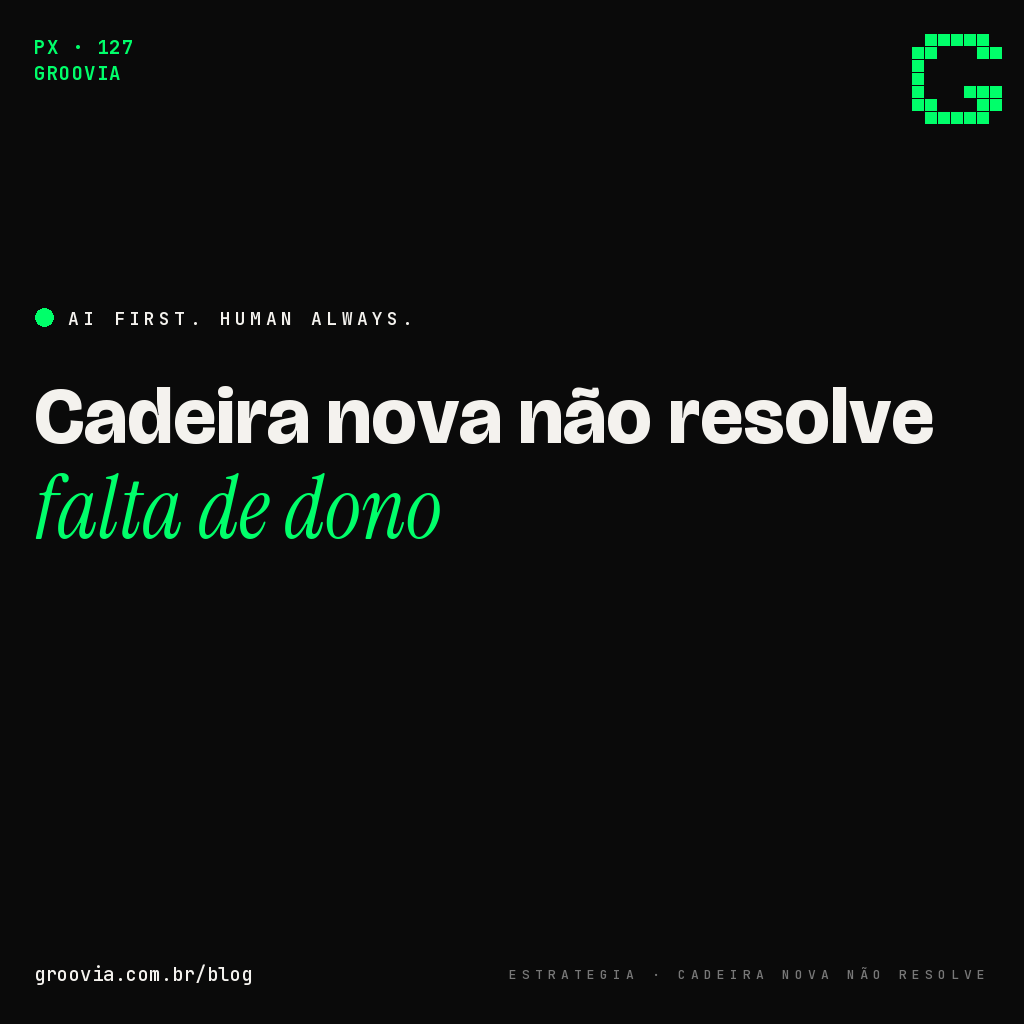 Capa do artigo com a chamada "Cadeira nova não resolve falta de dono" — Groovia, blog de estratégia e IA para lideranças