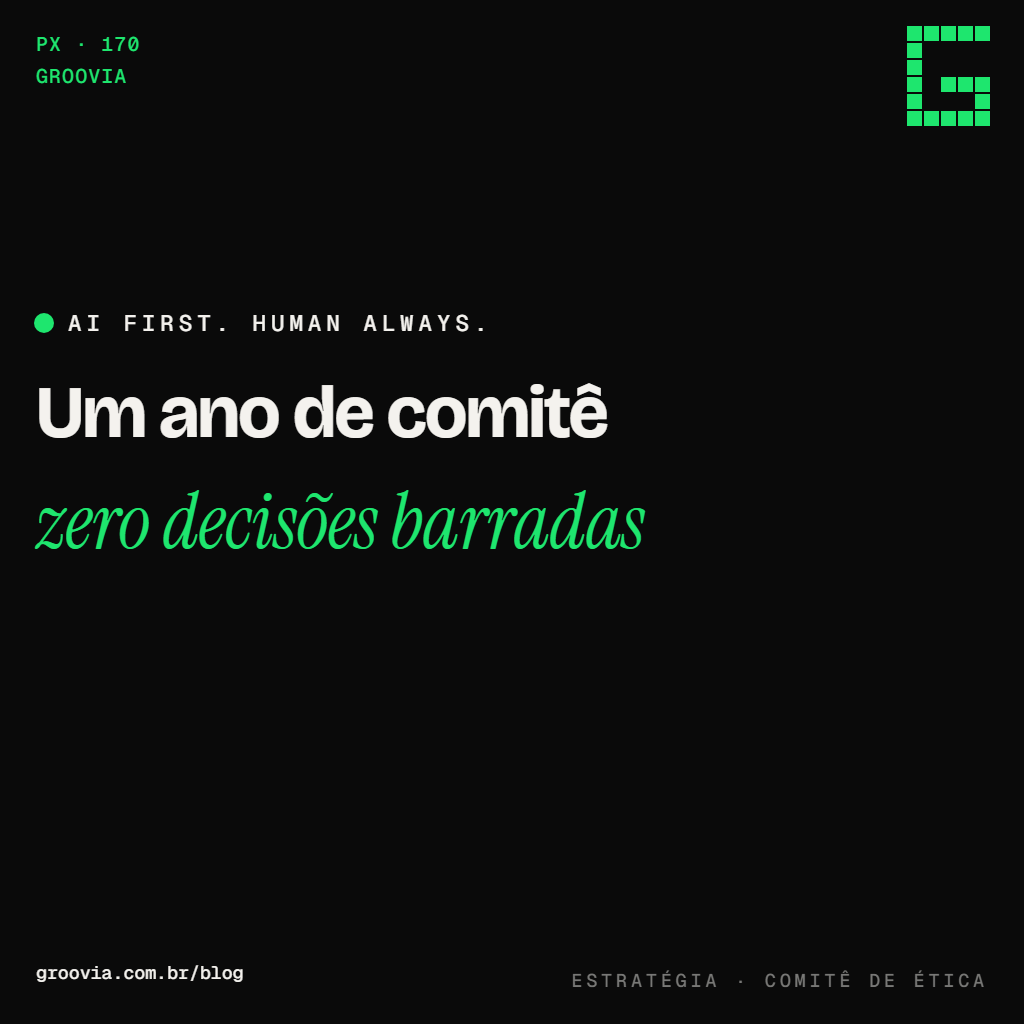 Capa do artigo "Comitê de ética de IA: quando ajuda e quando vira teatro" — Um ano de comitê; zero decisões barradas — Groovia, blog de estratégia e IA para lideranças