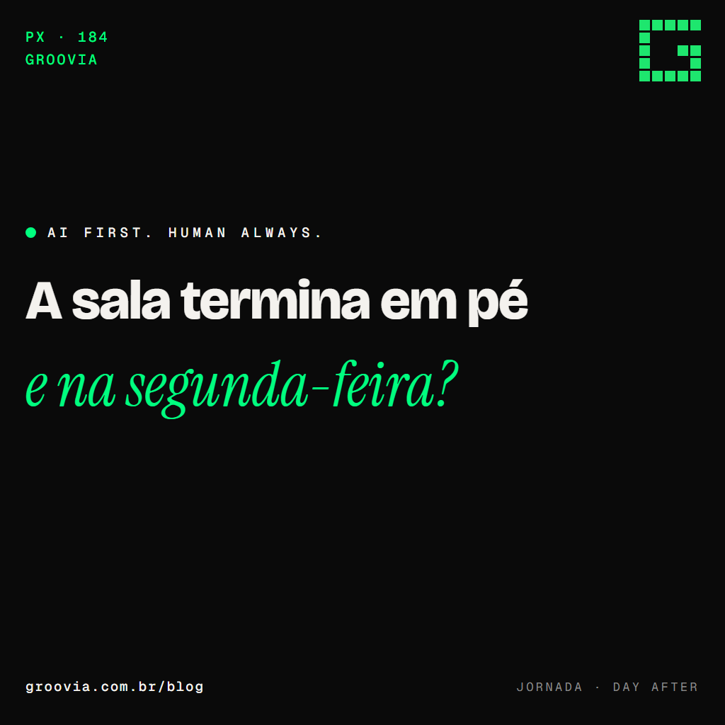 Capa do artigo "O day after da imersão: a primeira semana depois do treinamento de IA" — A sala termina em pé; e na segunda-feira? — Groovia, blog de estratégia e IA para lideranças