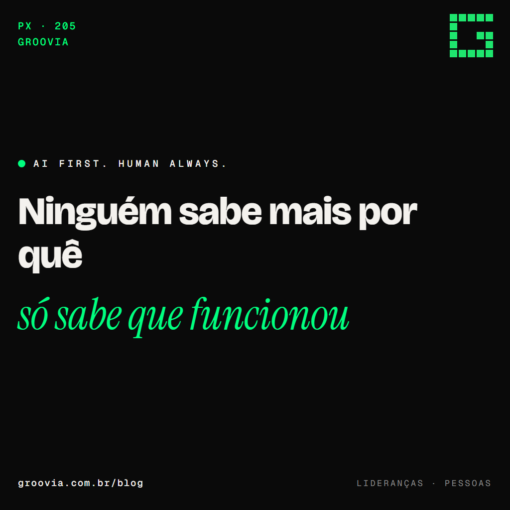 Capa do artigo "Quando o time fica dependente da IA: entrega mais rápido e explica menos" — Ninguém sabe mais por quê; só sabe que funcionou — Groovia, blog de estratégia e IA para lideranças
