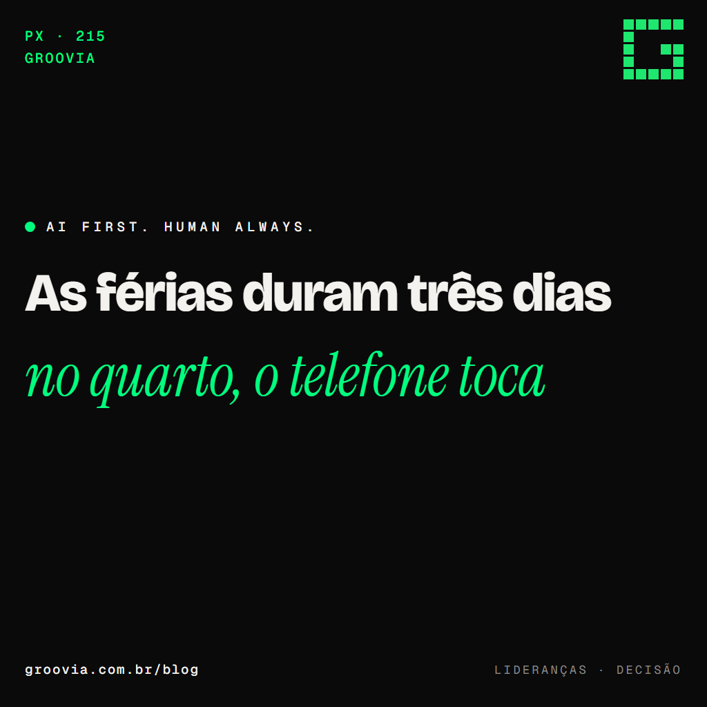 Capa do artigo "A empresa que mora na cabeça do dono: o que a IA muda nisso" — As férias duram três dias; no quarto, o telefone toca — Groovia, blog de estratégia e IA para lideranças