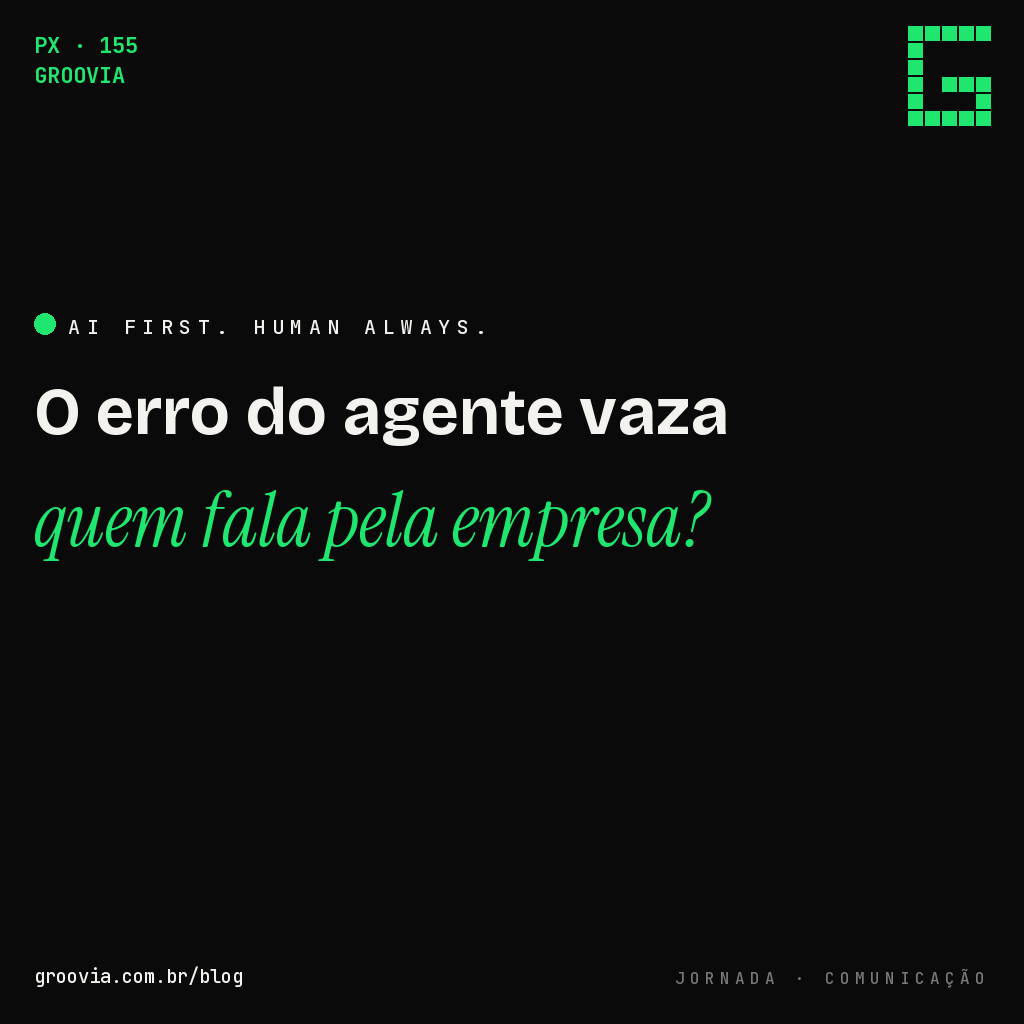 Capa do artigo "Quando o Erro do Seu Agente de IA Vira Notícia: o Playbook de Comunicação que Poucas Empresas Têm Pronto" — O erro do agente vaza, quem fala pela empresa? — Groovia, blog de estratégia e IA para lideranças