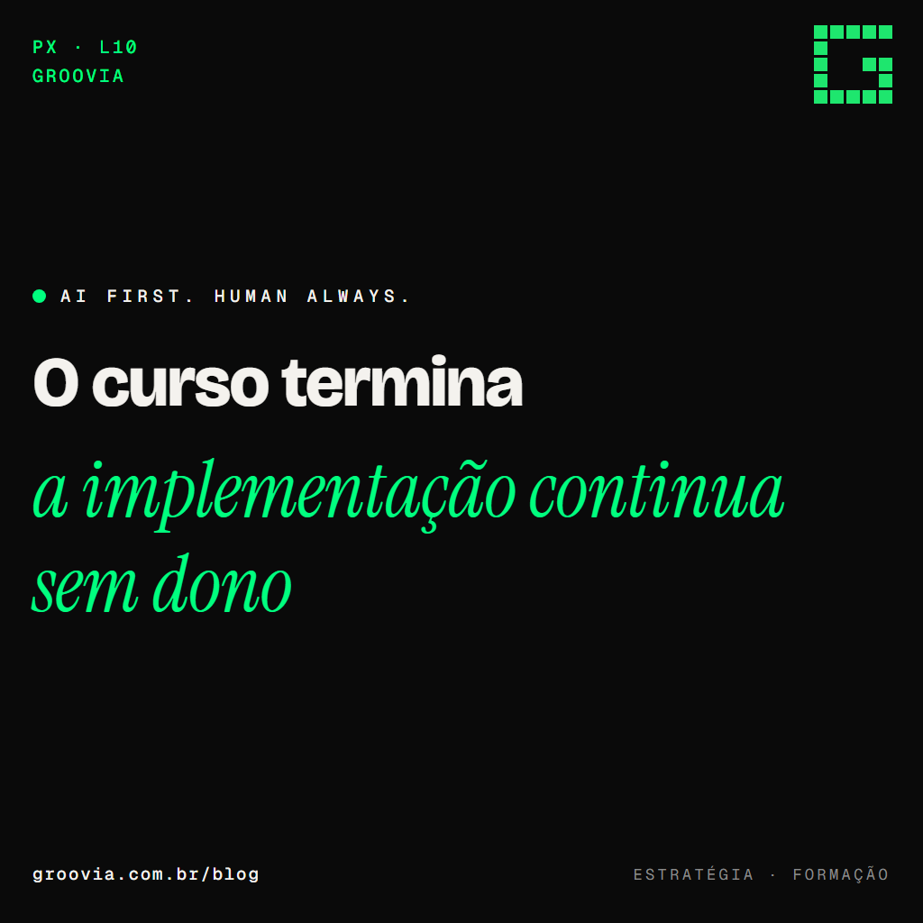 Capa do artigo "Formações de IA para executivos: os 5 tipos e onde cada um falha" — O curso termina; a implementação continua sem dono — Groovia, blog de estratégia e IA para lideranças