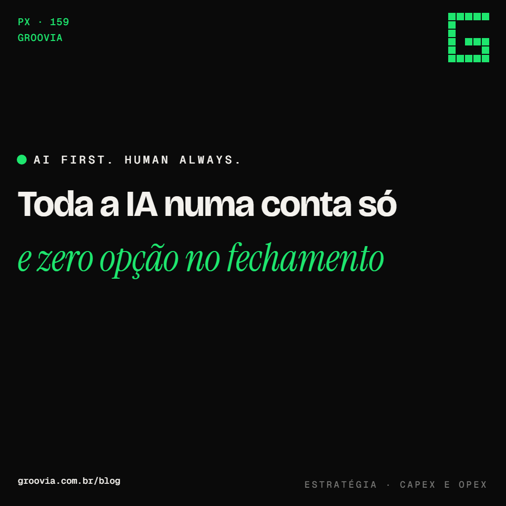 Capa do artigo "IA no balanço: capex, opex e a conversa que o CFO tem com a auditoria" — Toda a IA numa conta só; e zero opção no fechamento — Groovia, blog de estratégia e IA para lideranças