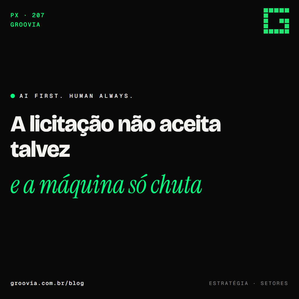 Capa do artigo "IA em quem vende para o governo: edital, proposta e o risco de assinar errado" — A licitação não aceita talvez; e a máquina só chuta — Groovia, blog de estratégia e IA para lideranças