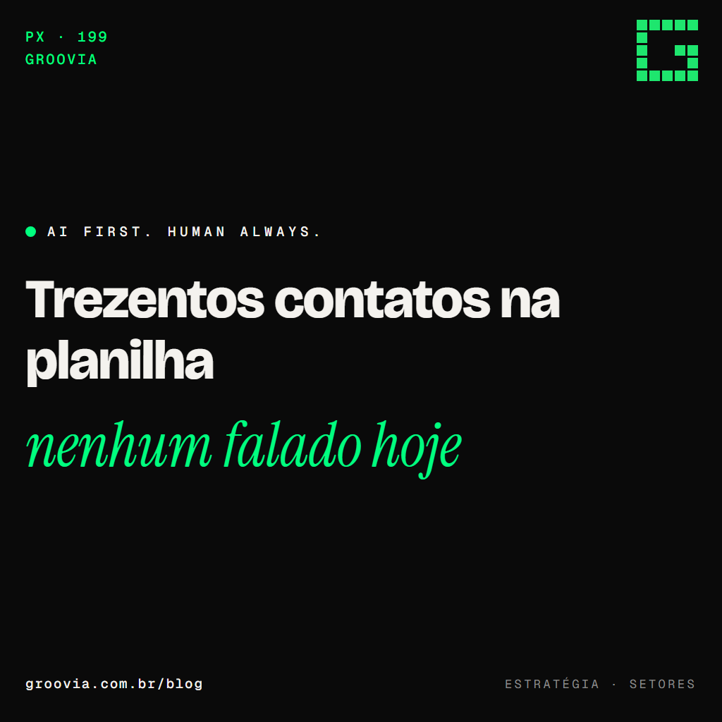 Capa do artigo "IA em imobiliária: a carteira parada, o lead frio e o corretor autônomo" — Trezentos contatos na planilha; nenhum falado hoje — Groovia, blog de estratégia e IA para lideranças
