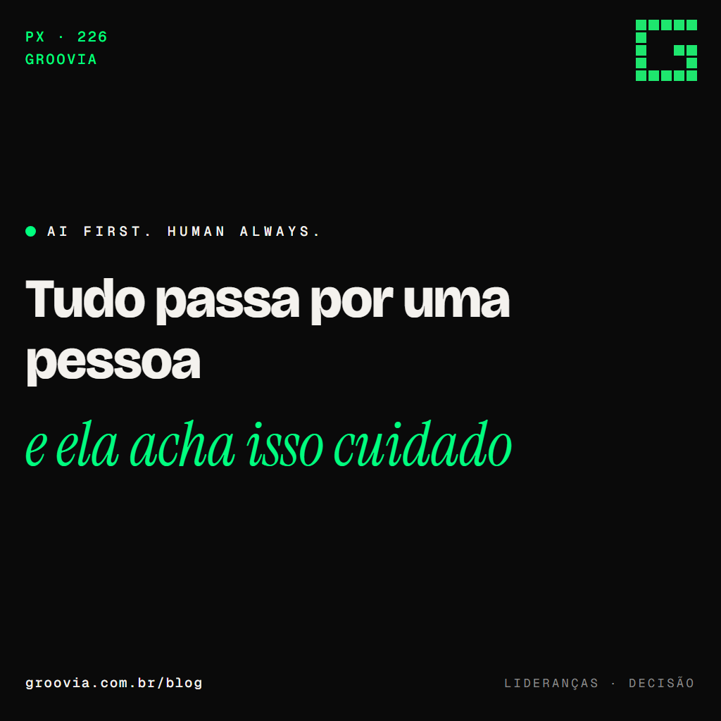 Capa do artigo "O líder que virou gargalo de aprovação e foi o último a saber" — Tudo passa por uma pessoa; e ela acha isso cuidado — Groovia, blog de estratégia e IA para lideranças