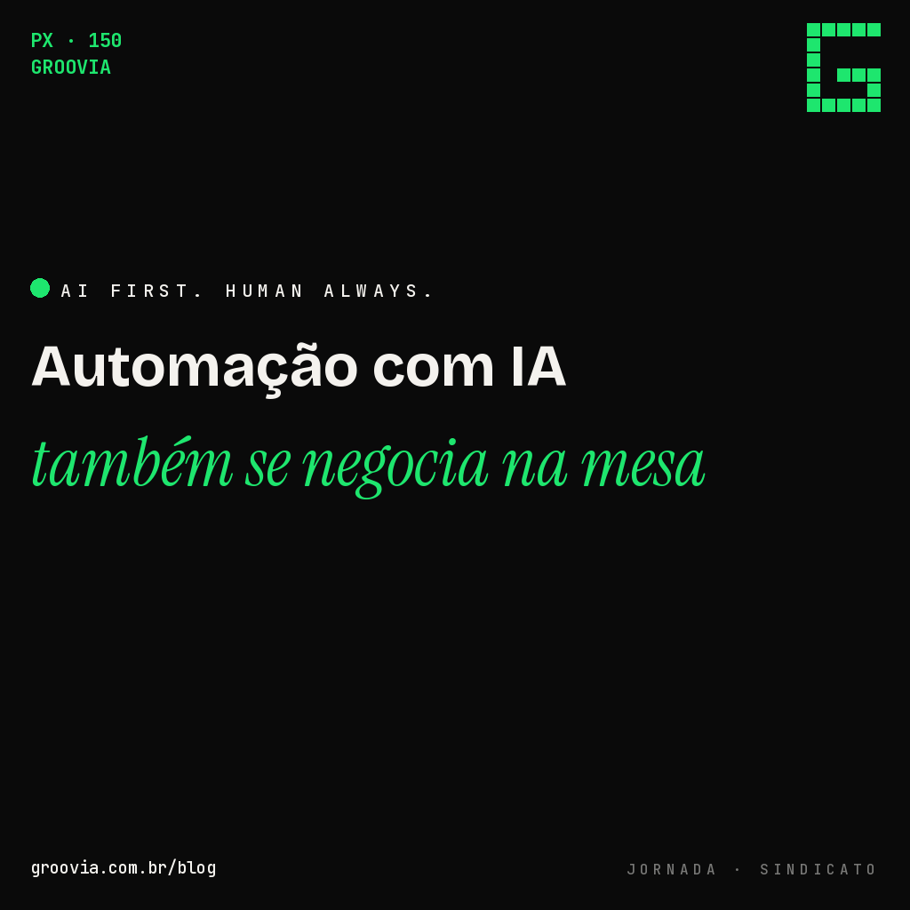 Capa do artigo "Como Negociar Automação com IA Quando Existe Sindicato na Mesa" — Automação com IA também se negocia na mesa — Groovia, blog de estratégia e IA para lideranças