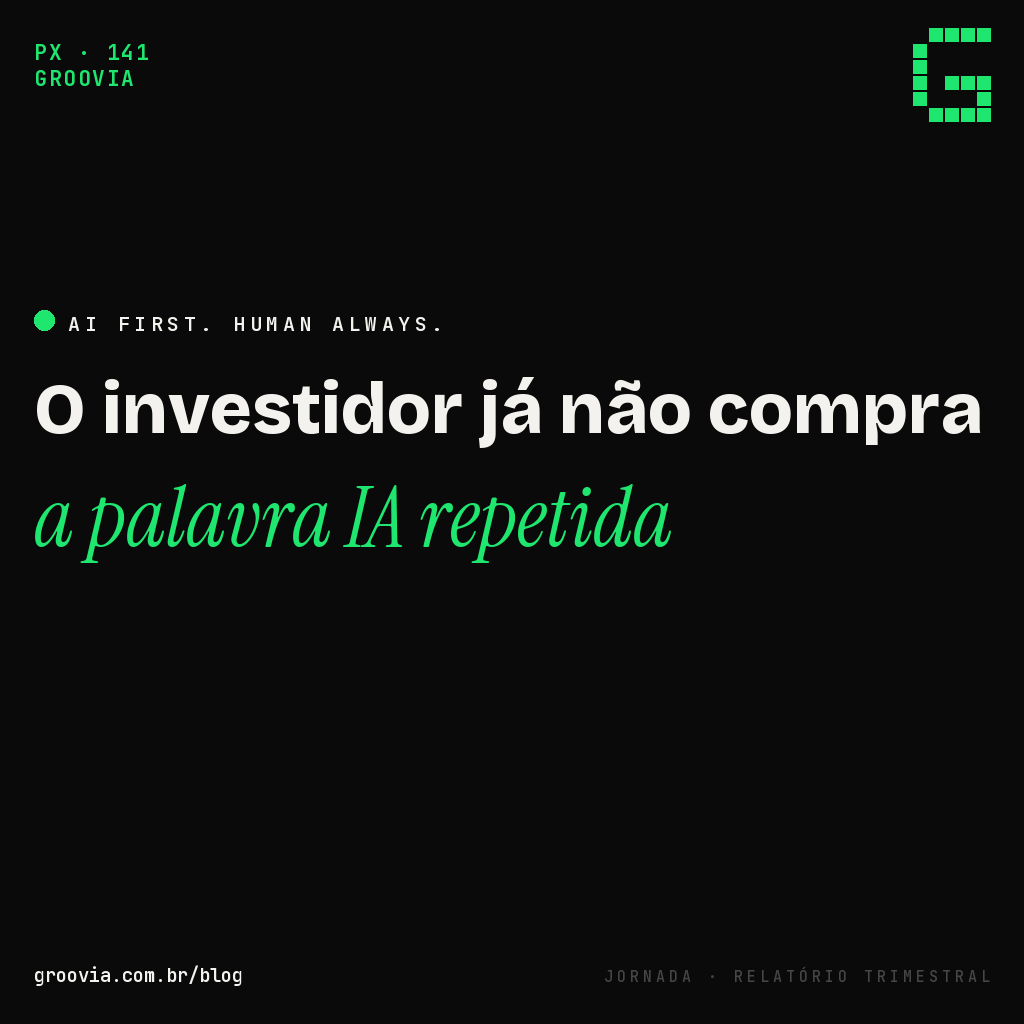 Capa do artigo "O parágrafo de IA no relatório trimestral: o que contar ao investidor sem exagerar nem esconder" — Groovia, blog de estratégia e IA para lideranças