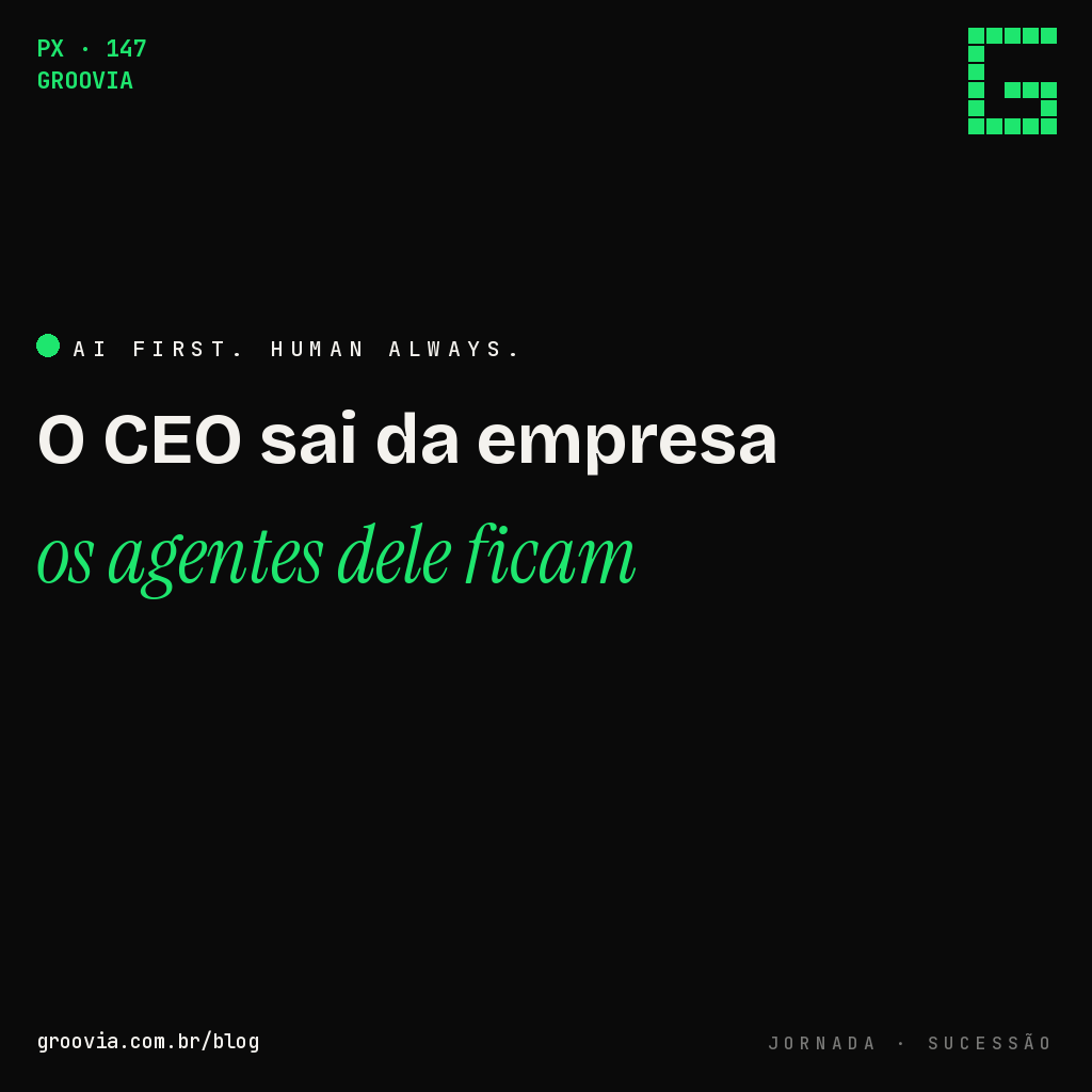 Capa do artigo "O plano de sucessão do CEO esquece um detalhe: quem herda os agentes de IA dele" — O CEO sai da empresa, os agentes dele ficam — Groovia, blog de estratégia e IA para lideranças