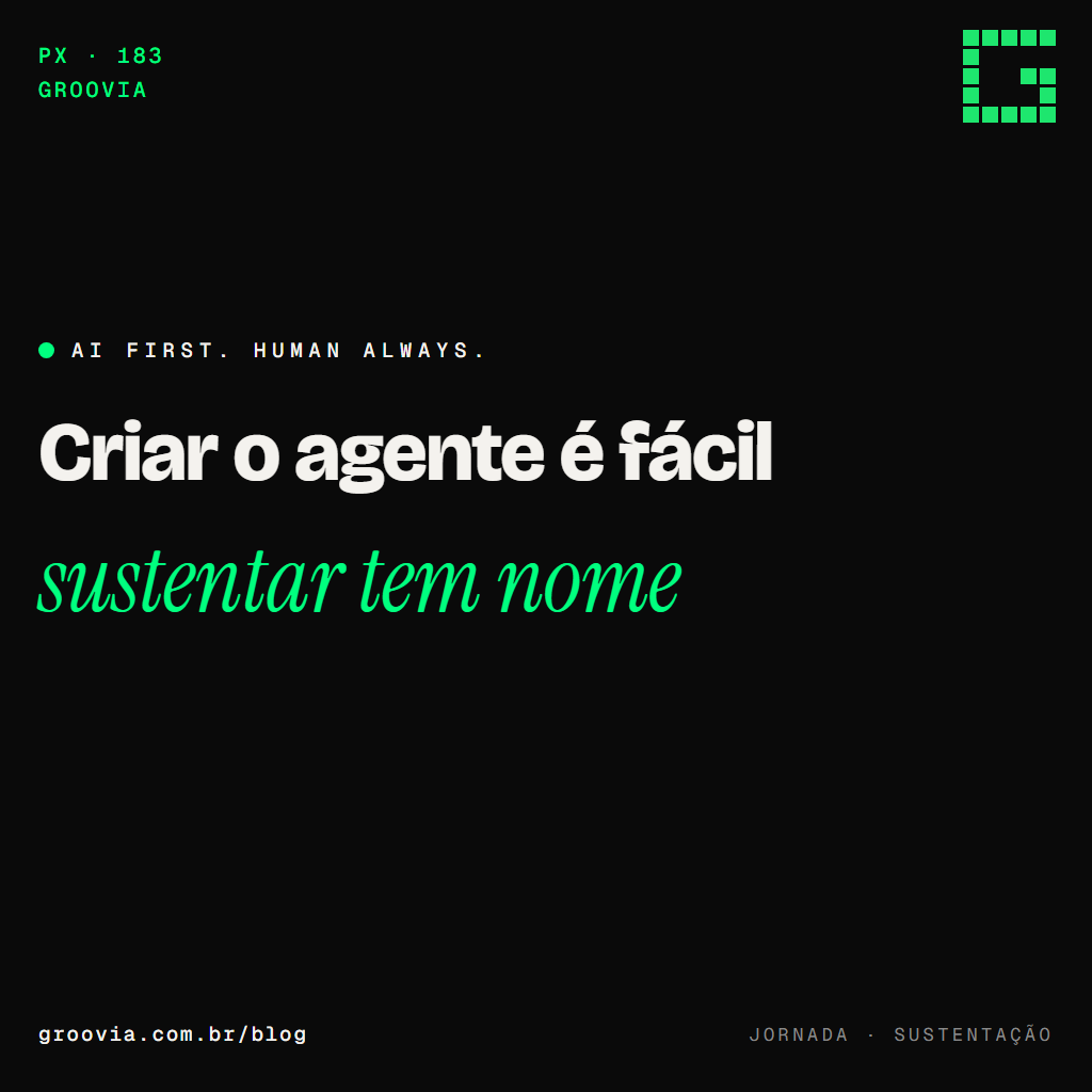Capa do artigo "PME sem TI: quem sustenta os agentes de IA" — Criar o agente é fácil; sustentar tem nome — Groovia, blog de estratégia e IA para lideranças