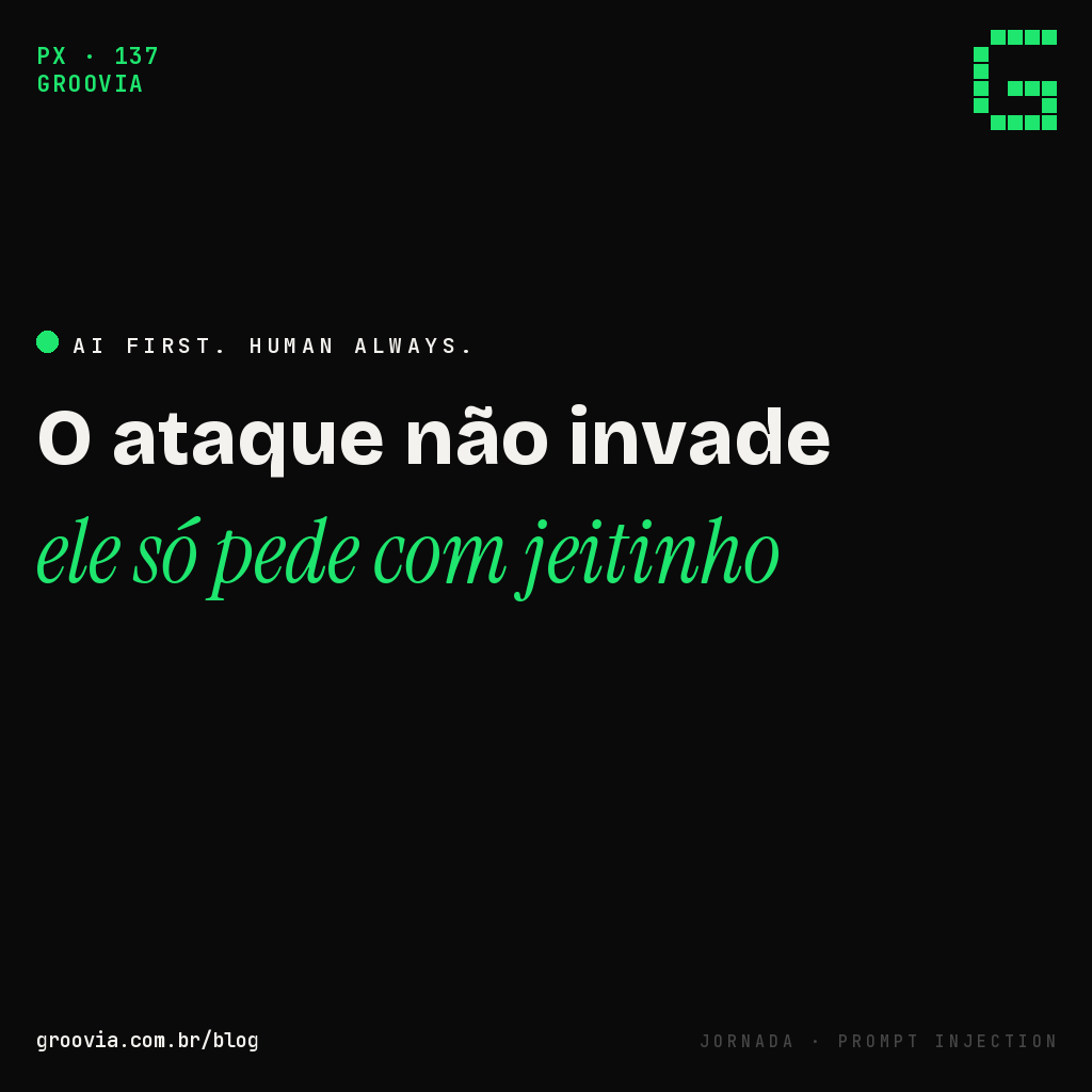 Capa do artigo "Prompt injection: o ataque que explora justamente a autonomia do seu agente de IA" — Groovia, blog de estratégia e IA para lideranças