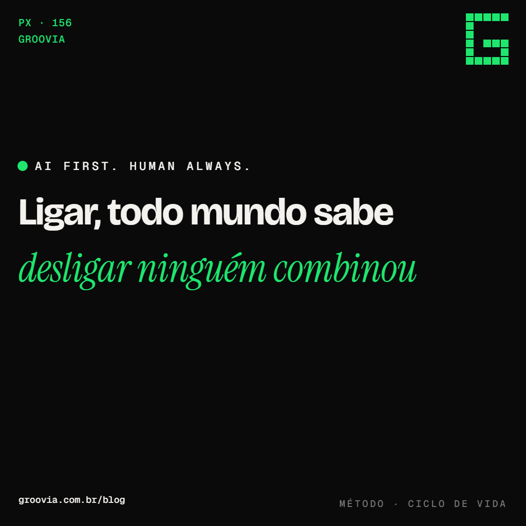Capa do artigo "Quando desativar um agente de IA que já virou rotina" — Ligar, todo mundo sabe; desligar ninguém combinou — Groovia, blog de estratégia e IA para lideranças