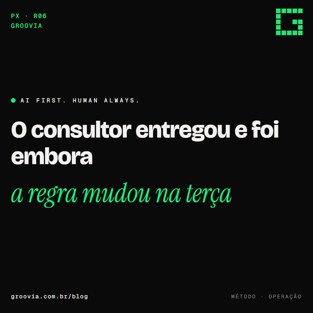 Capa do artigo "Quem sustenta o agente depois que o projeto acaba: as 5 opções" — O consultor entregou e foi embora; a regra mudou na terça — Groovia, blog de estratégia e IA para lideranças