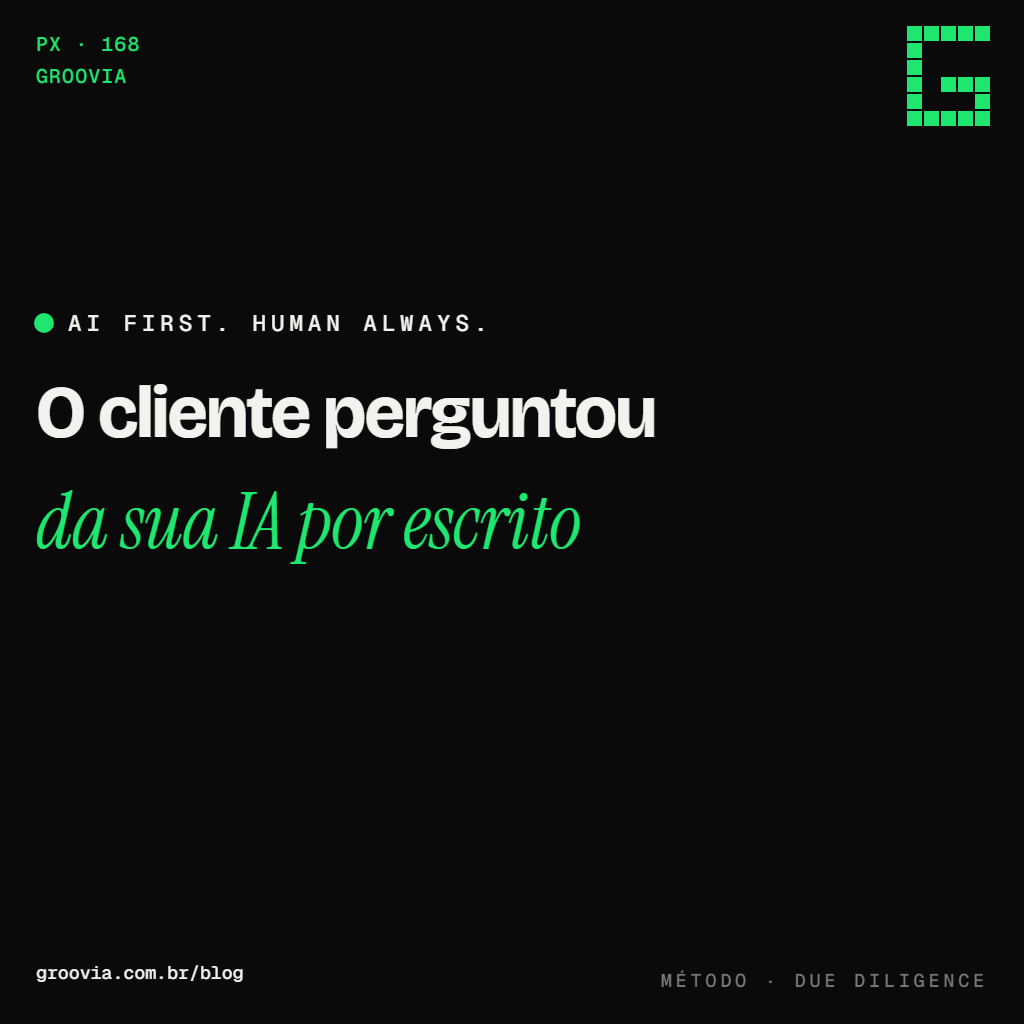 Capa do artigo "O questionário de segurança de IA que o cliente enterprise manda" — O cliente perguntou; da sua IA por escrito — Groovia, blog de estratégia e IA para lideranças