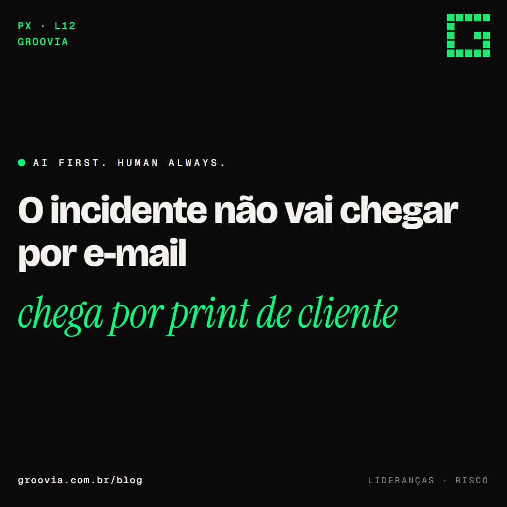 Capa do artigo "Os 10 riscos de IA que o board precisa endereçar antes do próximo trimestre" — O incidente não vai chegar por e-mail; chega por print de cliente — Groovia, blog de estratégia e IA para lideranças