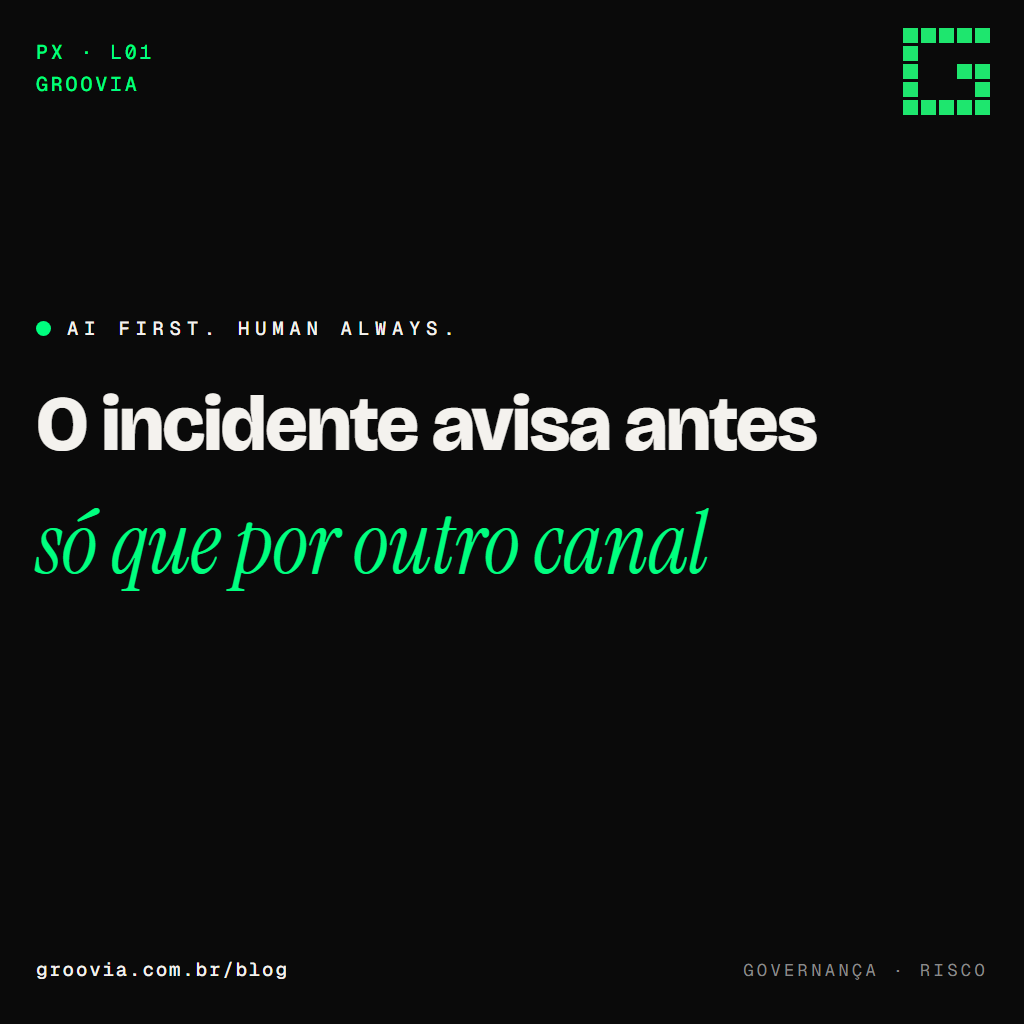 Capa do artigo "Sinais de shadow AI: 9 que aparecem antes do incidente" — O incidente avisa antes; só que por outro canal — Groovia, blog de estratégia e IA para lideranças