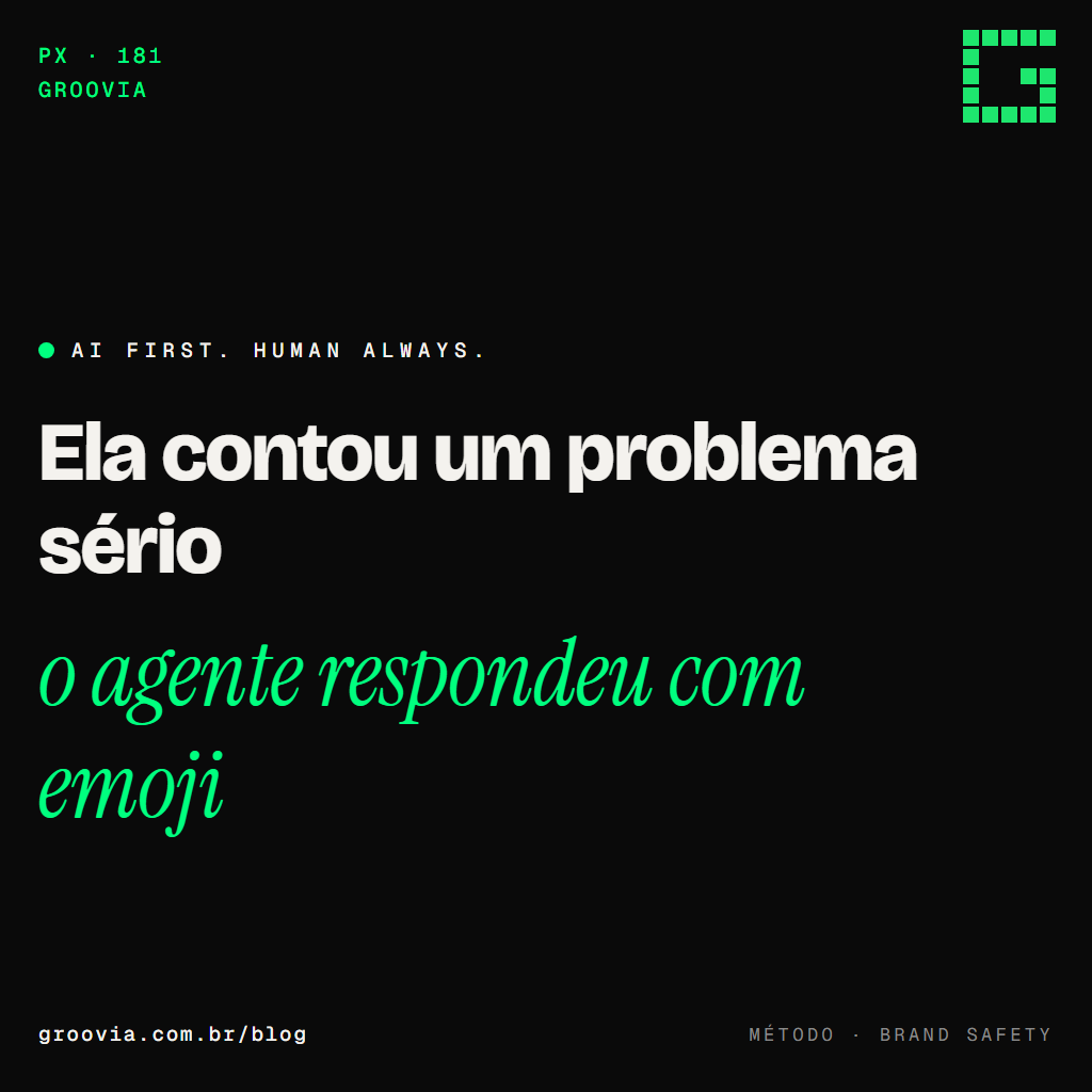 Capa do artigo "O agente que atende em nome da marca: tom de voz e brand safety" — Ela contou um problema sério; o agente respondeu com emoji — Groovia, blog de estratégia e IA para lideranças