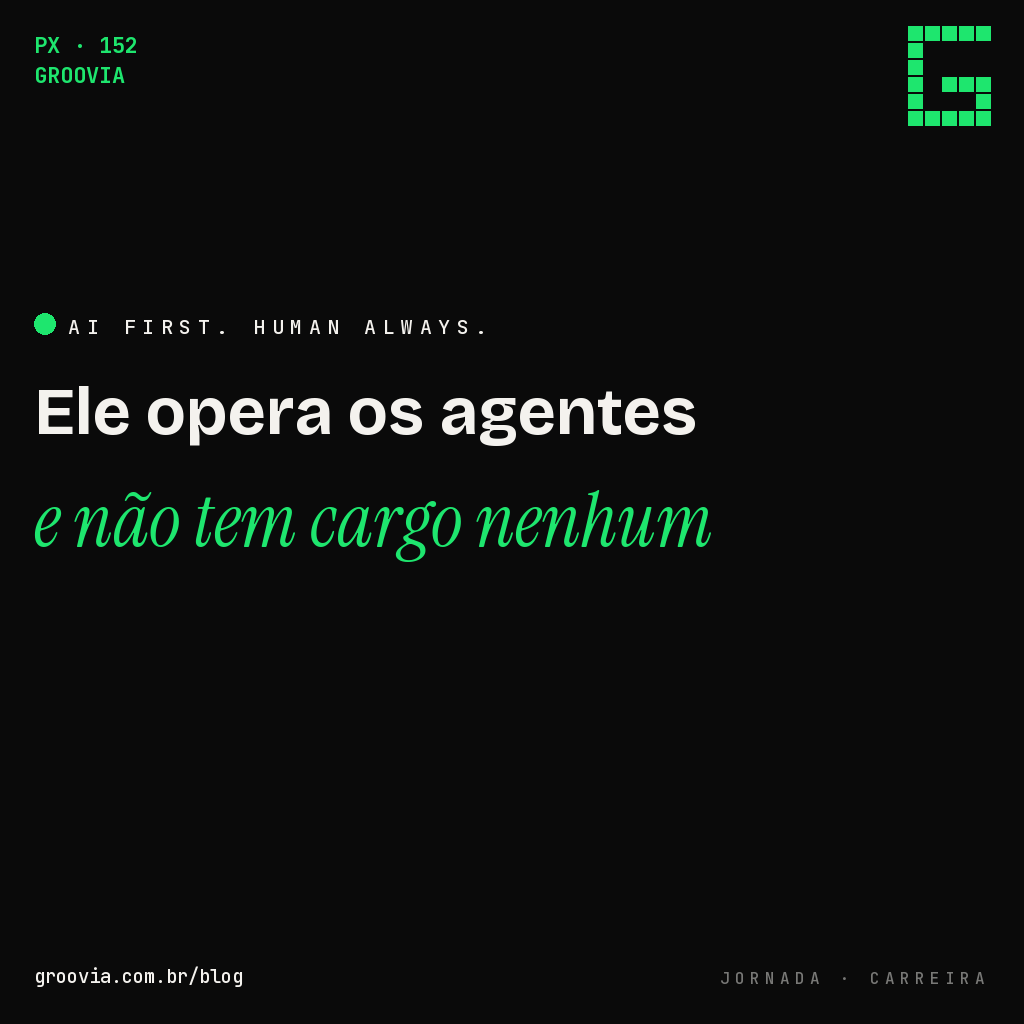 Capa do artigo "A trilha de carreira que a sua empresa ainda carece de criar: operador de agente de IA" — Ele opera os agentes e não tem cargo nenhum — Groovia, blog de estratégia e IA para lideranças