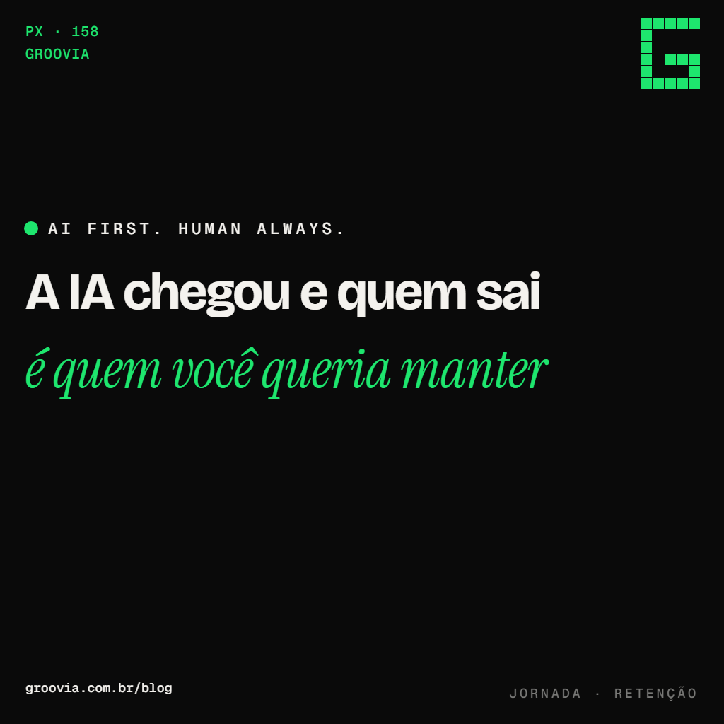 Capa do artigo "Turnover e IA: o que acontece com a retenção quando o time passa a operar agentes" — A IA chegou e quem sai; é quem você queria manter — Groovia, blog de estratégia e IA para lideranças