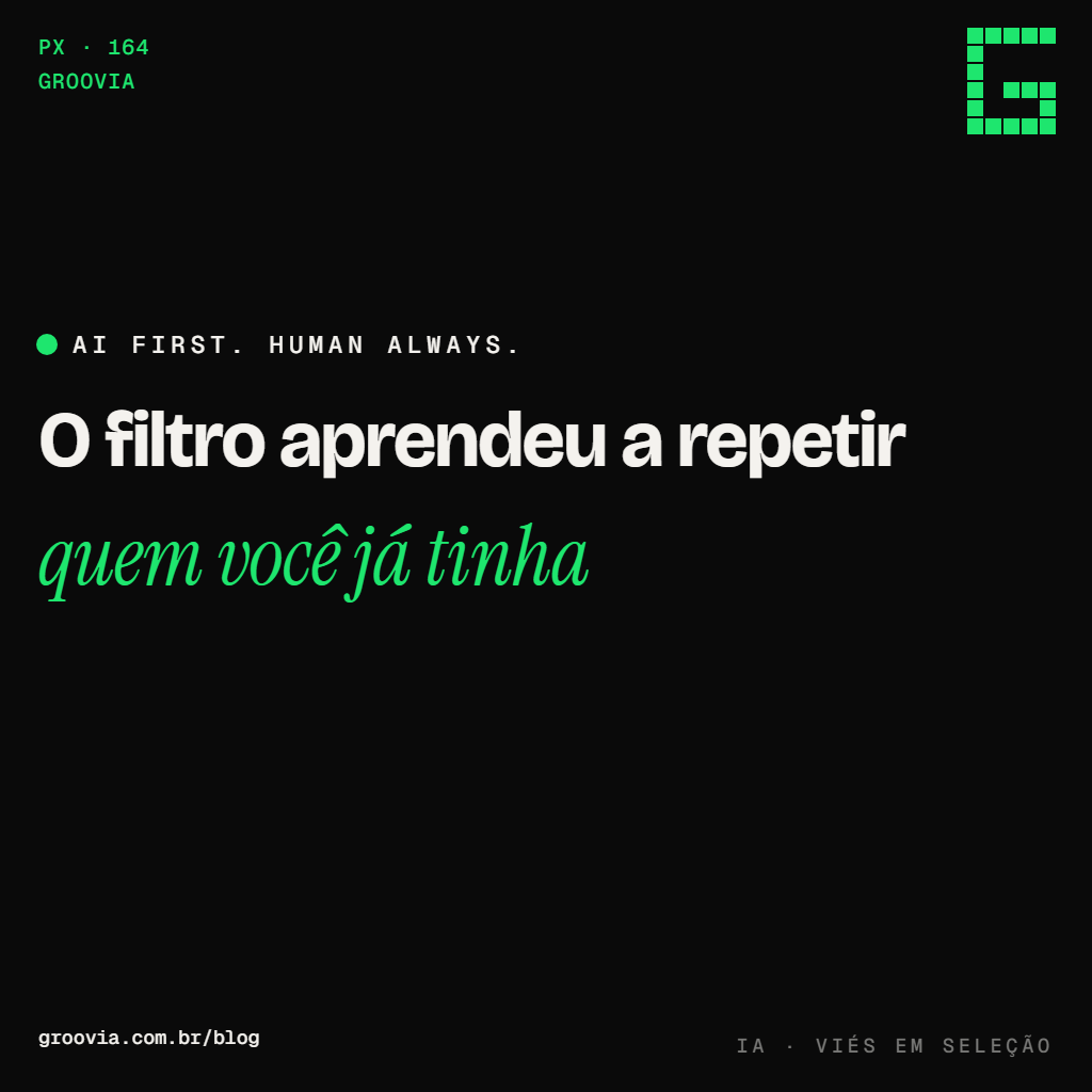 Capa do artigo "Viés no recrutamento com IA: o que auditar antes do próximo processo" — O filtro aprendeu a repetir; quem você já tinha — Groovia, blog de estratégia e IA para lideranças